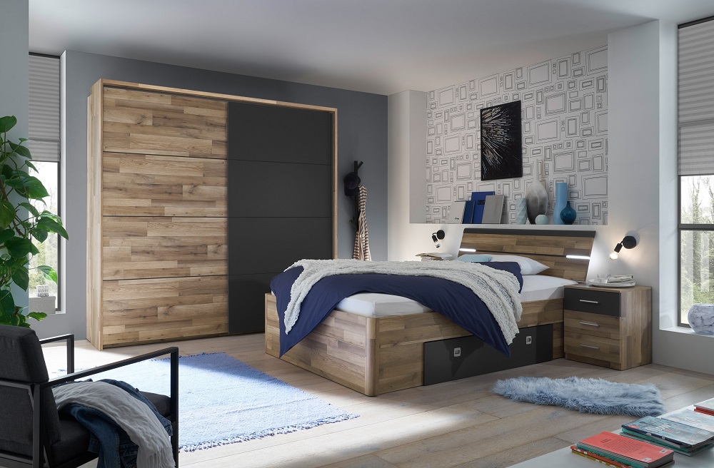 Bett Mars 140x200 Montana Oak Abs. Graphit Holzbett Bettgestell Bettset Jugendbett Bettkasten