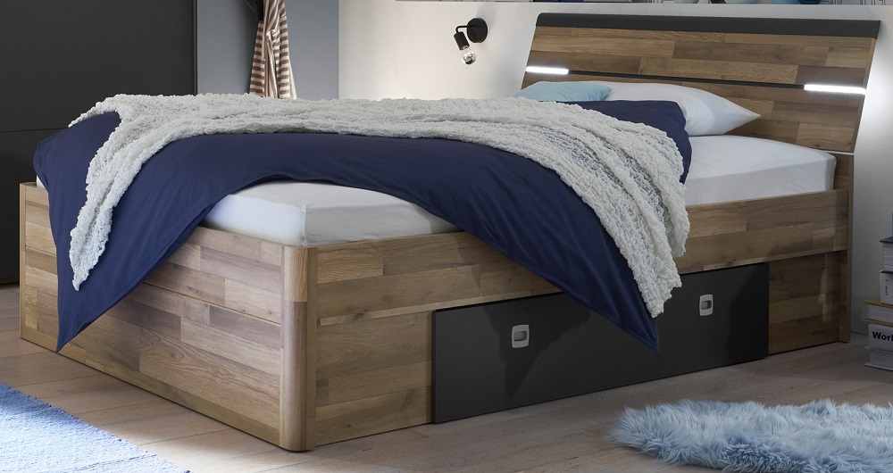 Bett Mars 140x200 Montana Oak Abs. Graphit Holzbett Bettgestell Bettset Jugendbett Bettkasten