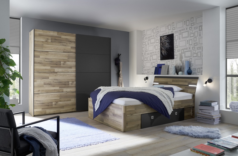 Bett Mars 140x200 Montana Oak Abs. Graphit Holzbett Bettgestell Bettset Jugendbett Bettkasten